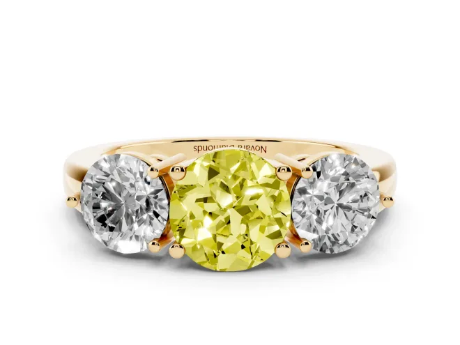 Round Three Stone Engagement Ring Setting for a Fancy Yellow Lab-Grown Diamond | Large Round Side Stones | Yellow Gold