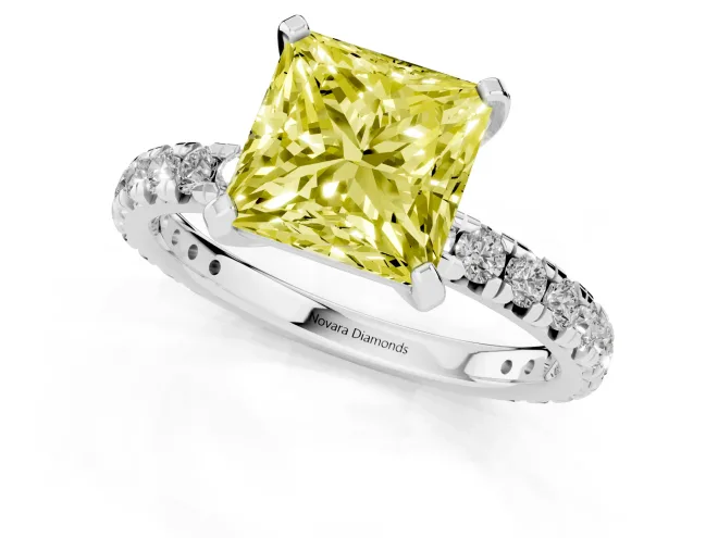 Fancy Yellow Princess Cut Diamond Pavé Solitaire Ring Set in Silver with Round Band and Prong Setting – second view