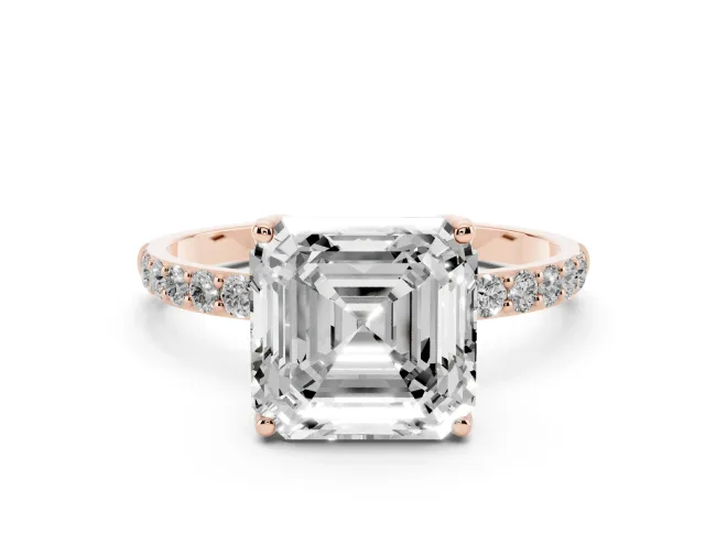 Asscher Cut Diamond Solitaire Engagement Ring Set in Rose gold with Round Pavé Band and Prong Setting