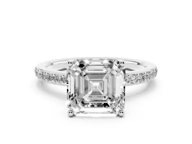 Asscher Cut Diamond Pavé Band Ring Set in White gold with Prong-Set Center Stone