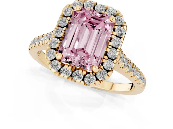 Fancy Pink Emerald Cut Diamond Cushion Halo Ring Set in Yellow gold with Pavé Band – second view