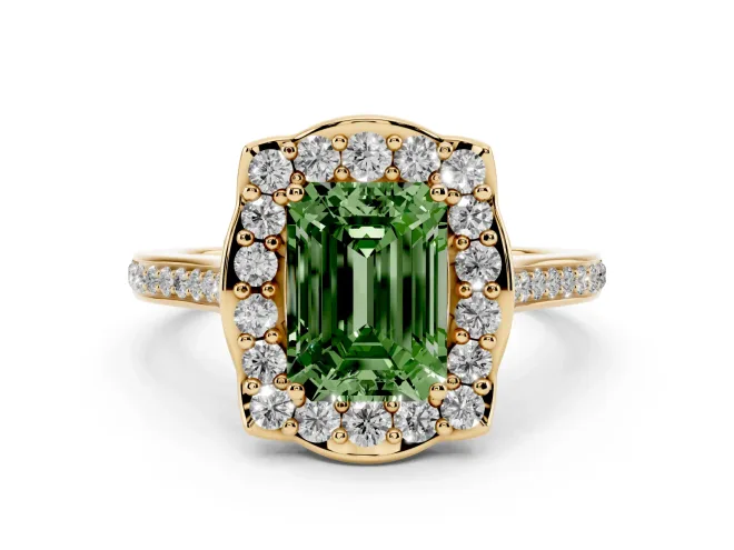 Emerald Cut Petal Tip Halo Engagement Ring Setting for a Fancy Green Lab-Grown Diamond | Pavé Band | Yellow Gold