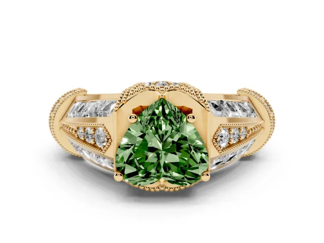 Fancy Green Heart Cut Diamond Vintage-Inspired Milgrain Ring Set in Yellow gold with Accent Split Shank