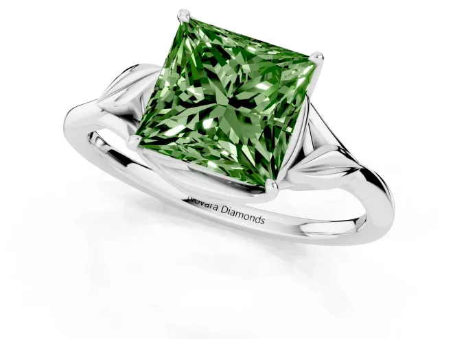 Fancy Green Princess Cut Diamond Solitaire Ring Set in Silver with Polished Twist Band – second view