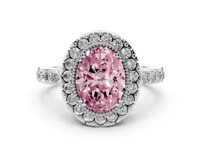 Fancy Pink Oval Cut Diamond Halo Ring Set in Platinum with Pavé Shank and Prong Setting