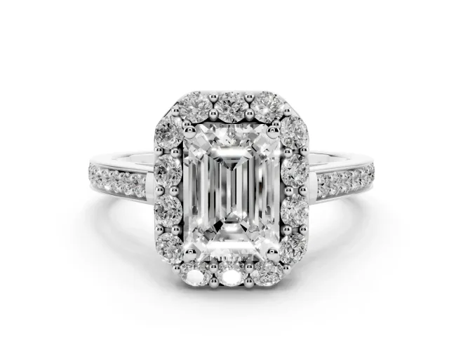 Emerald Cut Diamond Floral Halo Ring Set in Platinum with Pavé Band and Prong Setting