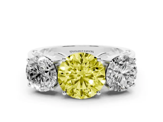 Fancy Yellow Round Cut Diamond Three-Stone Ring Set in Platinum with Textured Band