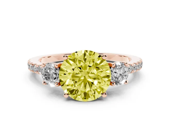 Round Three Stone Engagement Ring Setting for a Fancy Yellow Lab-Grown Diamond | Pavé Shoulders | Rose Gold