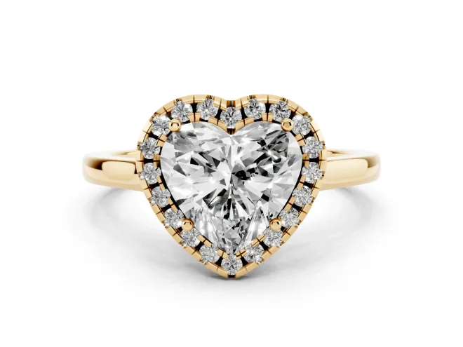 Heart Cut Halo Round Diamond Solitaire Ring Set in Yellow gold with Pavé Band and Prong Setting