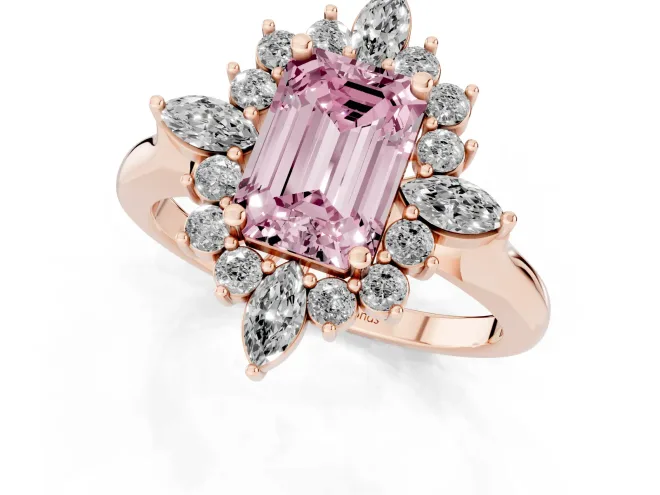 Fancy Pink Emerald Cut Diamond Cluster Halo Ring Set in Rose gold with Marquise and Round Accents – second view