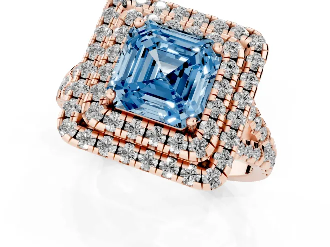 Fancy Blue Asscher Cut Diamond Double Halo Ring Set in Rose gold with Pavé Split Shank and Prong Setting – second view