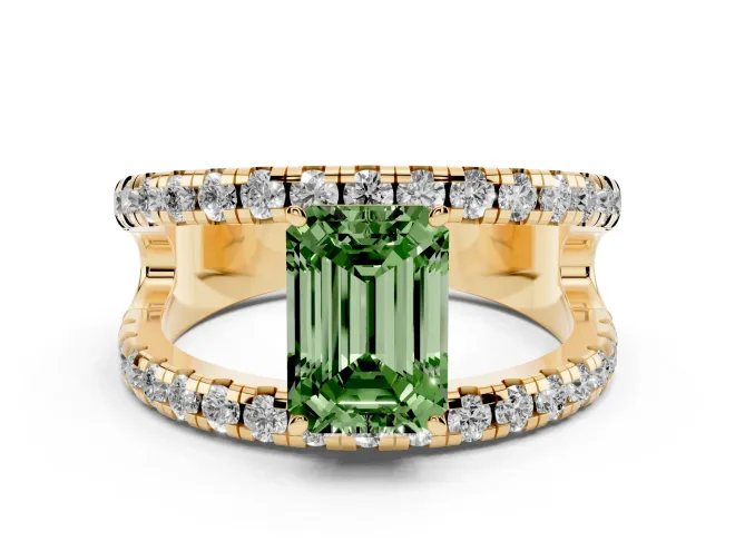 Emerald Cut Split Shank Pavé Engagement Ring Setting for a Fancy Green Lab-Grown Diamond | Yellow Gold