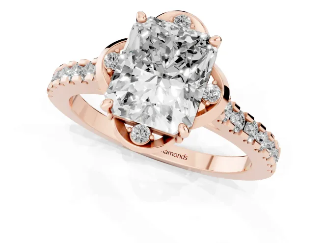 Radiant Cut Diamond Solitaire Ring Set in Rose gold with Pavé Band and Floral Prong Setting – second view