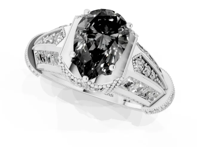 Fancy Black Pear Cut Diamond Vintage-Inspired Milgrain Ring Set in Platinum with Accent Split Shank – second view