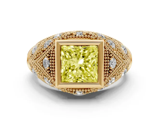 Fancy Yellow Princess Cut Diamond Bezel Ring Set in Yellow gold with Milgrain Accent Band