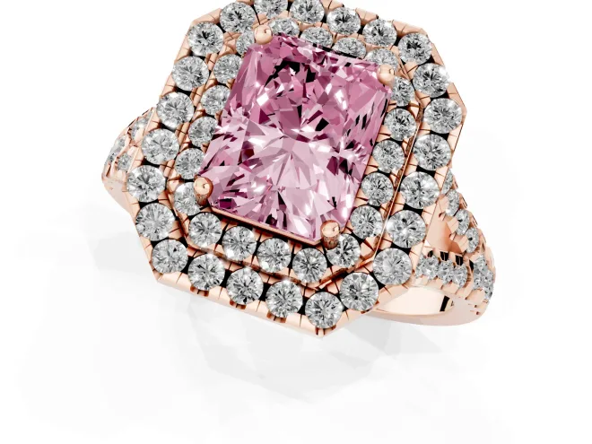 Fancy Pink Radiant Cut Diamond Double Halo Ring Set in Rose gold with Pavé Split Shank and Prong Setting – second view