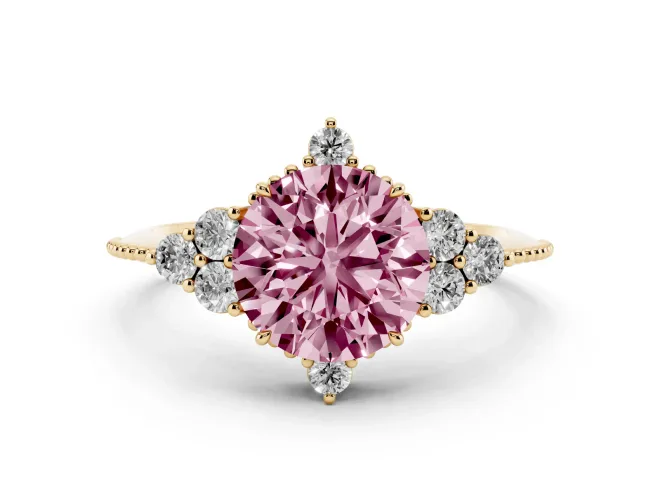 Fancy Pink Round Cut Diamond Cluster Ring Set in Yellow gold with Beaded Band