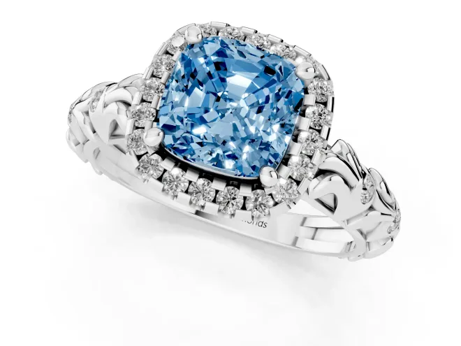 Fancy Blue Cushion Cut Diamond Halo Ring Set in White gold with Filigree Leaf Band and Prong Setting – second view
