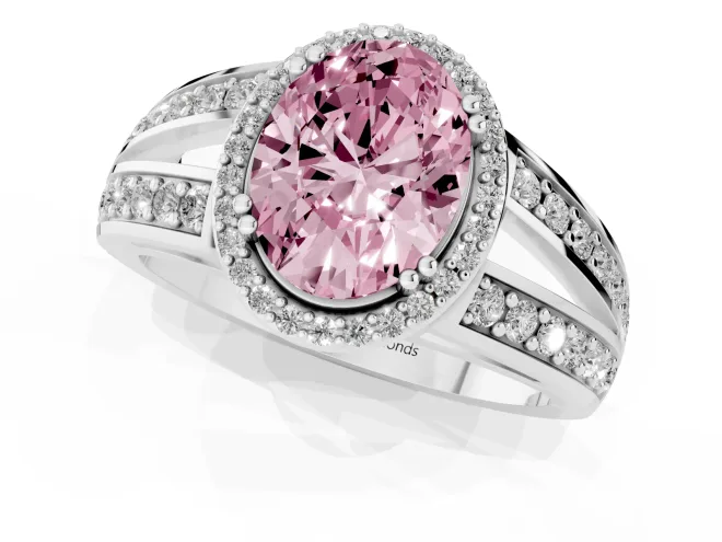 Fancy Pink Oval Cut Diamond Halo Ring Set in White gold with Double Pavé Split Shank – second view