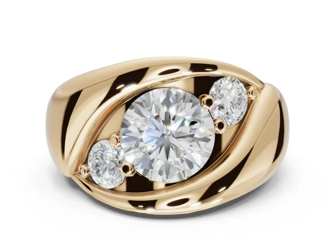 Round Three Stone Bypass Engagement Ring Setting | Sculpted Crossover Band | Yellow Gold