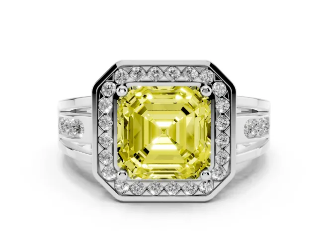 Fancy Yellow Asscher Cut Diamond Halo Ring Set in White gold with Pavé and Bezel Accent Split Shank