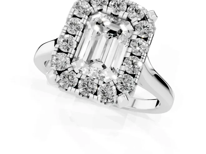 Emerald Cut Diamond Cluster Halo Solitaire Ring Set in White gold with Prong Setting – second view