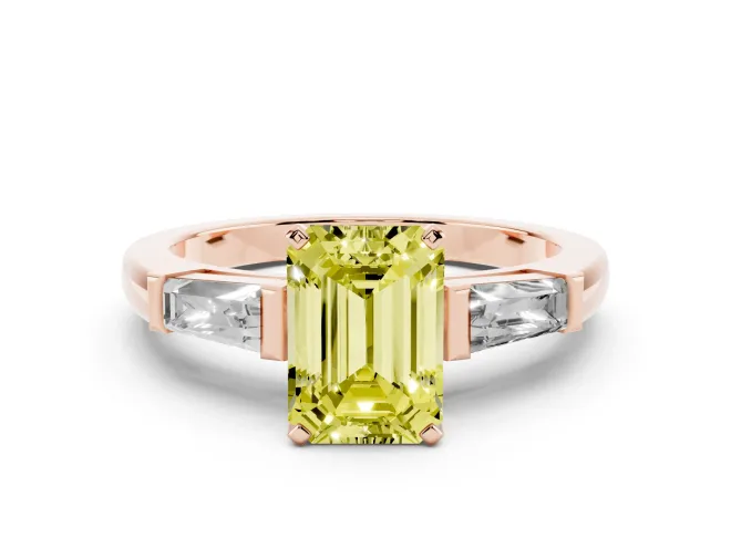 Emerald Cut Three Stone Engagement Ring Setting for a Fancy Yellow Lab-Grown Diamond | Tapered Baguettes | Rose Gold