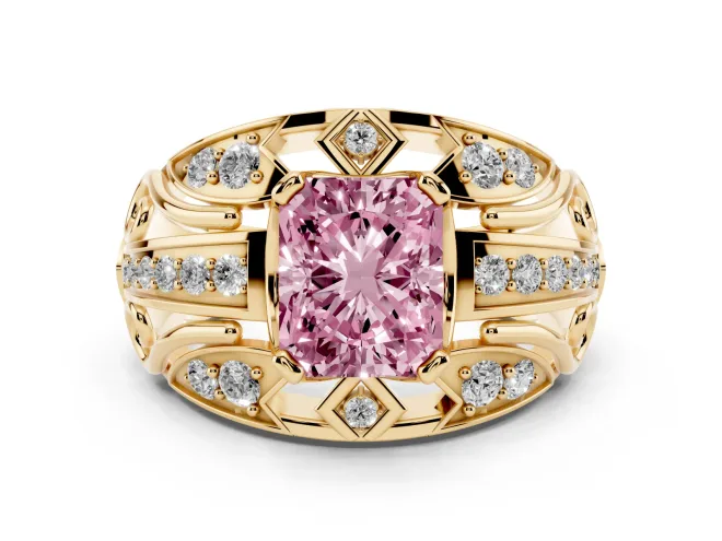 Fancy Pink Radiant Cut Diamond Art Deco Ring Set in Yellow gold with Pavé Split Shank