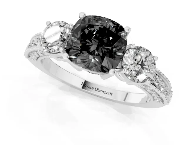 Fancy Black Cushion Cut Diamond Three-Stone Ring Set in Platinum with Round Side Stones and Pavé Band – second view