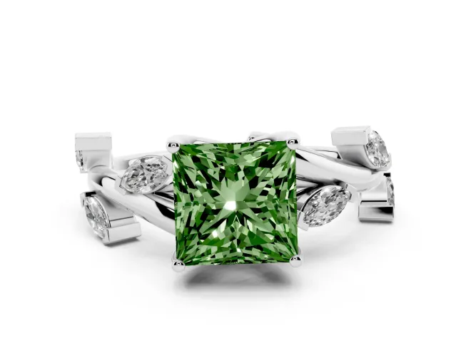 Fancy Green Princess Cut Diamond Solitaire Ring Set in White gold with Twisted Marquise Accent Band