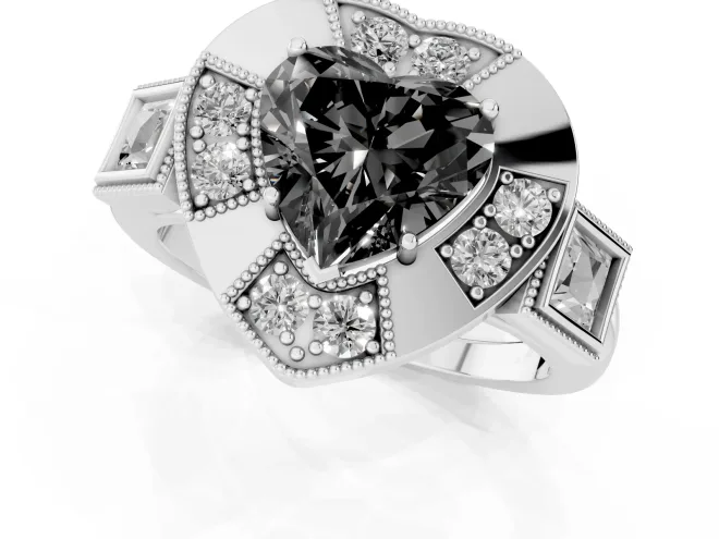 Fancy Black Heart Cut Diamond Milgrain Halo Ring Set in Silver with Split Shank – second view