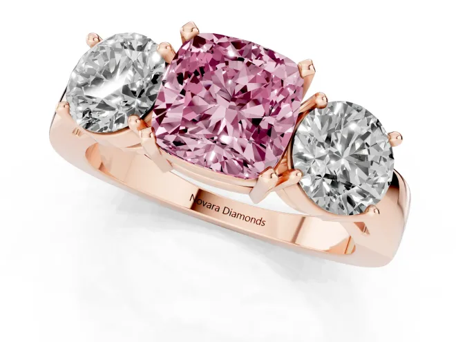 Fancy Pink Cushion Cut Diamond Three-Stone Ring Set in Rose gold with Round Side Stones and Classic Band – second view