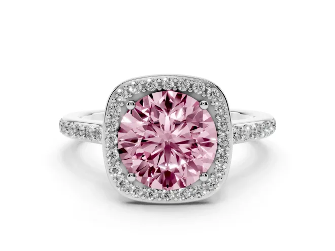 Fancy Pink Round Cut Diamond Halo Engagement Ring Set in White gold with Round Pavé Shoulders and Heart Gallery