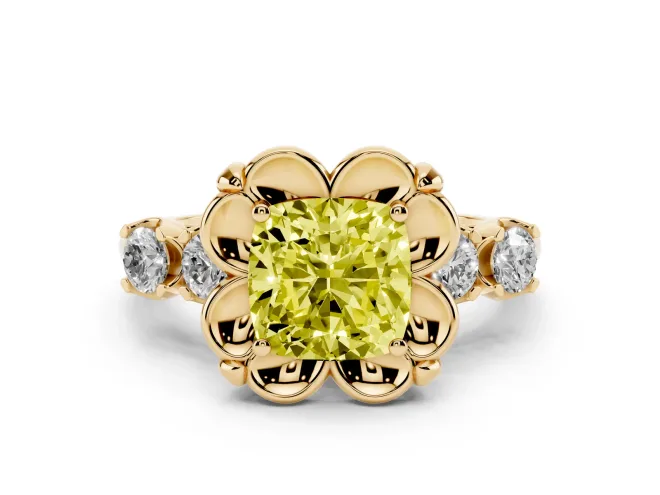 Fancy Yellow Cushion Cut Diamond Floral Halo Ring Set in Yellow gold with Shared Prong Band