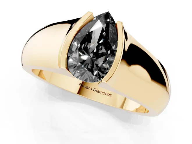 Fancy Black Pear Cut Diamond Bezel Solitaire Ring Set in Yellow gold with Wide Band – second view