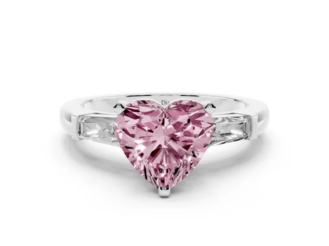 Heart-Shaped Three Stone Engagement Ring Setting for a Fancy Pink Lab-Grown Diamond | Tapered Baguettes | Platinum