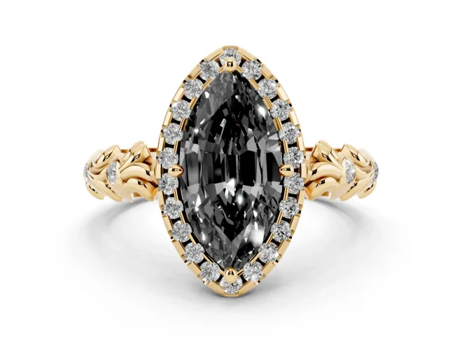 Fancy Black Marquise Cut Diamond Halo Ring Set in Yellow gold with Filigree Leaf Band and Prong Setting