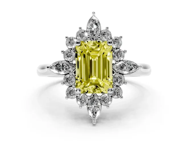 Fancy Yellow Emerald Cut Diamond Cluster Halo Ring Set in Platinum with Marquise and Round Accents