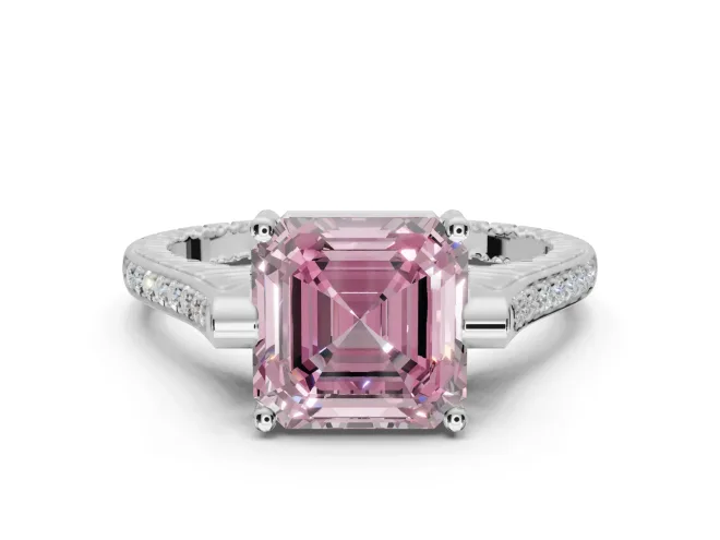 Asscher Cut Vintage Cathedral Engagement Ring Setting for a Fancy Pink Lab-Grown Diamond | Carved Band | Sterling Silver