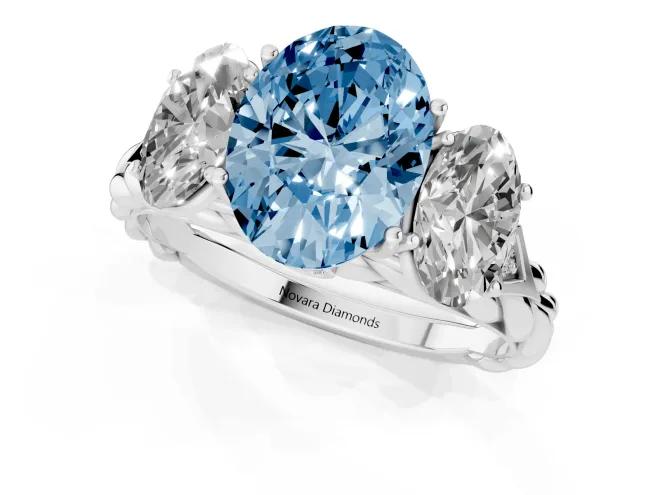 Fancy Blue Oval Cut Diamond Three-Stone Ring Set in Silver with Braided Band – second view