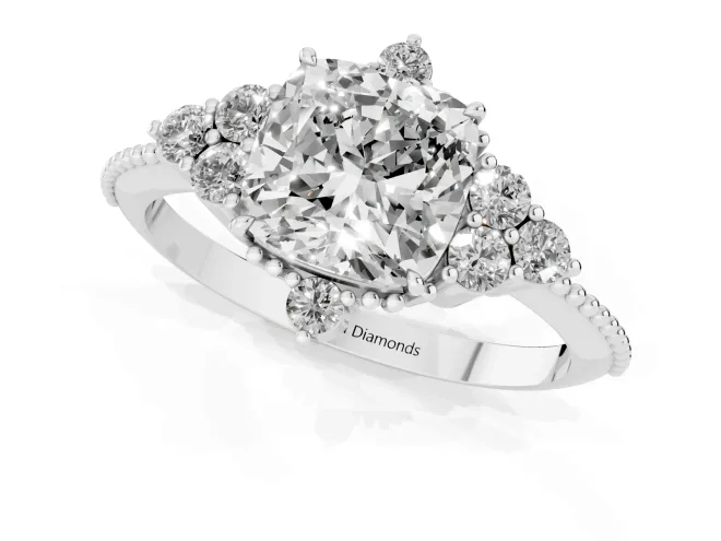 Cushion Cut Diamond Cluster Ring Set in Silver with Beaded Band – second view