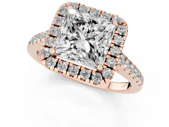 Princess Cut Diamond Halo Pavé Engagement Ring Set in Rose gold with Prong Setting – second view