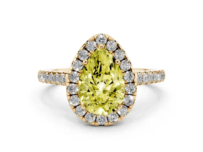 Fancy Yellow Pear Cut Diamond Halo Pavé Engagement Ring Set in Yellow gold with Prong Setting