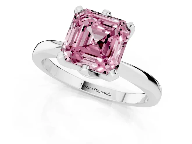 Fancy Pink Asscher Cut Diamond Solitaire Engagement Ring Set in White gold with Slim Tapered Solitaire Band – second view