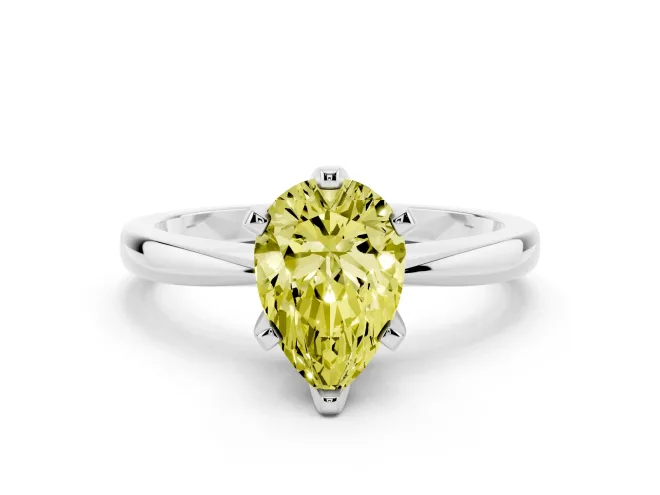 Fancy Yellow Pear Cut Diamond Solitaire Engagement Ring Set in Silver with Slim Tapered Solitaire Band