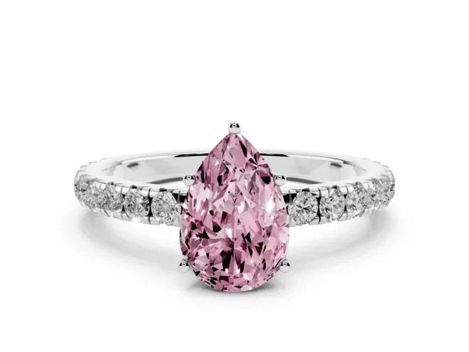 Fancy Pink Pear Cut Diamond Pavé Solitaire Engagement Ring Set in White gold with Prong Setting