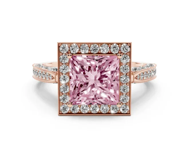 Princess Cut Milgrain Halo Engagement Ring Setting for a Fancy Pink Lab-Grown Diamond | Side Stones | Rose Gold
