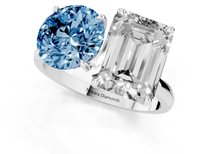 Fancy Blue Round Cut and Emerald Cut Toi Moi Ring Set in White gold with Prong Setting – second view