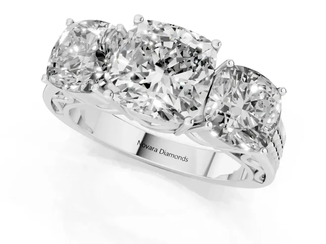 Cushion Cut Diamond Three-Stone Ring Set in Silver with Textured Band – second view