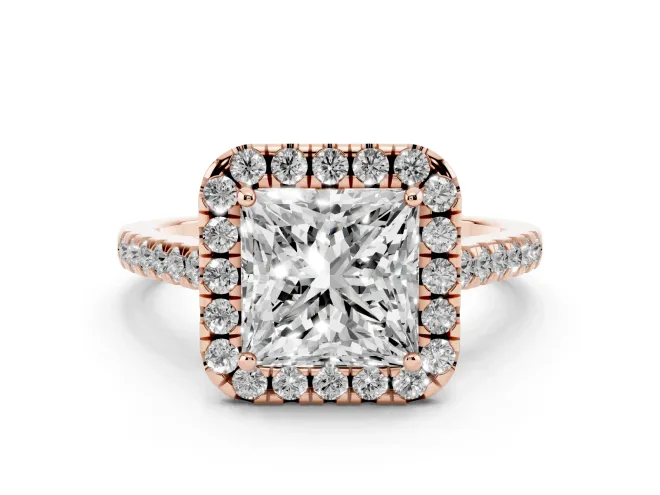 Princess Cut Raised Halo Engagement Ring Setting | Pavé Band | Rose Gold